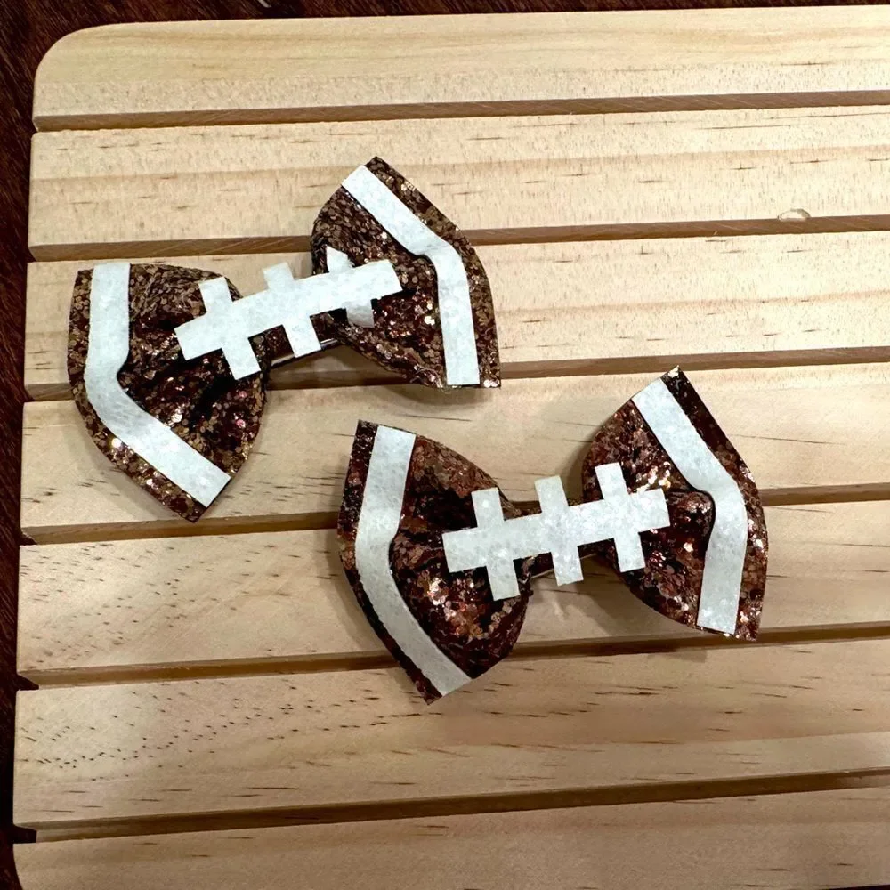 Little Girls 2X Football Brown & White Boutique Clip On Bow Set